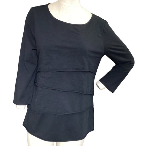 HabitaT 3/4-Sleeve Layered Ruffle Top Black Stretch Cotton Sz L #163B - Picture 1 of 8